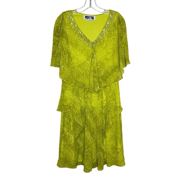 Vicky Tiel Green Snake Print Tiered Handkerchief Dress Size M Chiffon Rhinestone - Picture 1 of 12